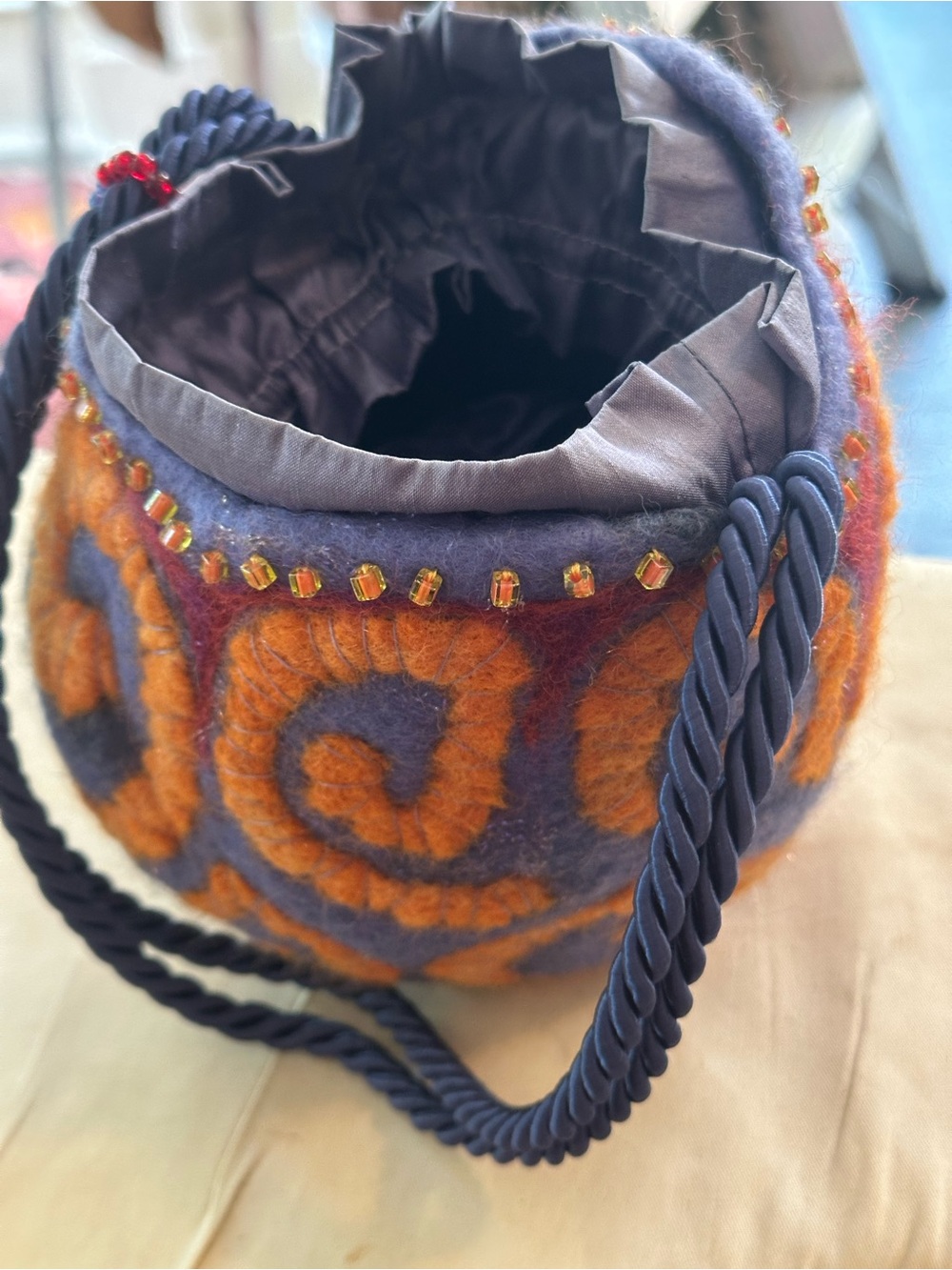 Handcrafted Felt Mini Bucket Bag in Orange & Purple with Twisted Rope Handle